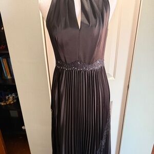 Adrianna Papell Halter A-Line Pleated Lace Inset Gown Black 4